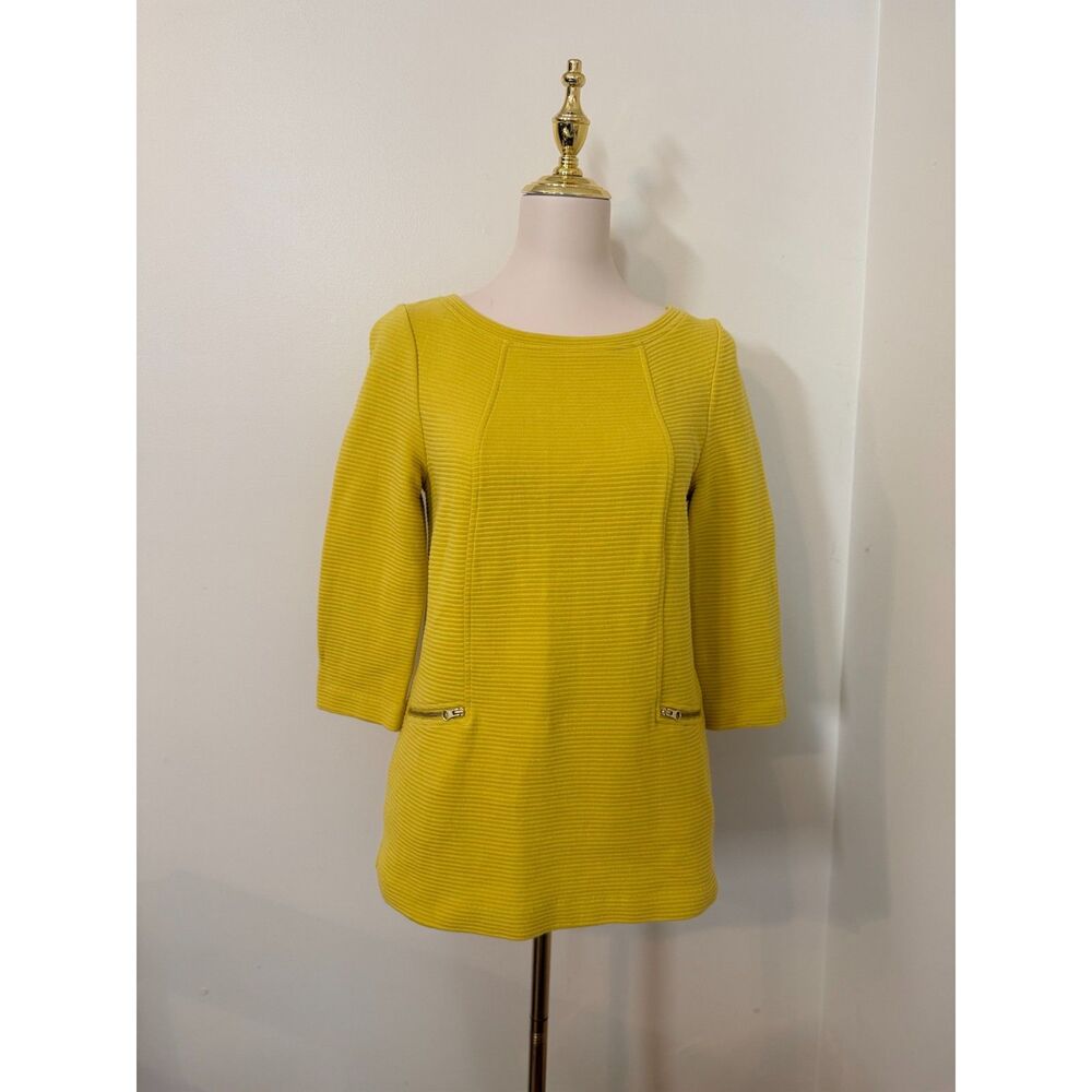 Boden Ottoman Zip Top US 6 Chartreuse Yellow Ribbed Cotton 3/4 Sleeve